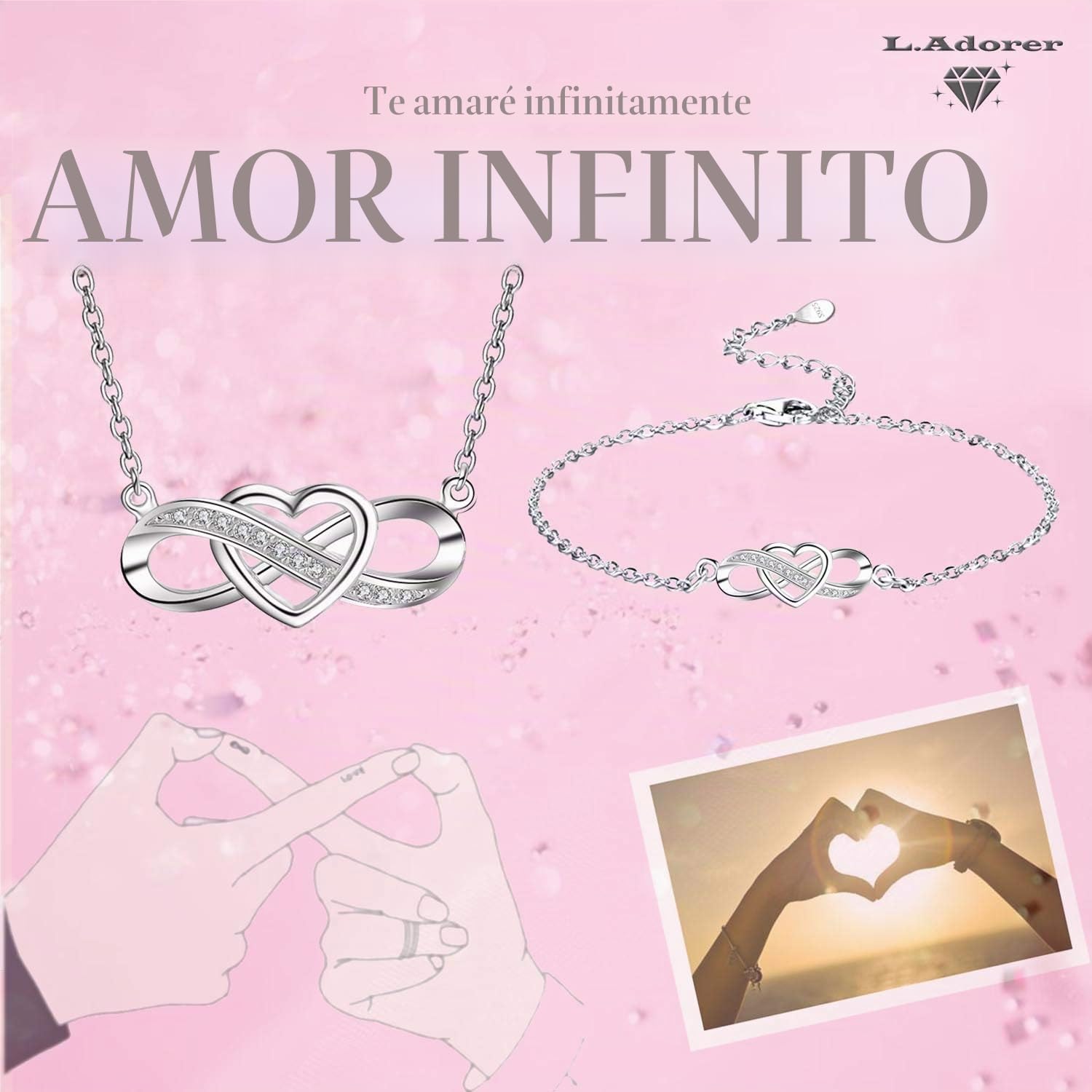Juego de Collar y Pulsera de Corazón Infinito | Plata 925 con Cristal Austriaco | Elegante Set de Joyería para Ella