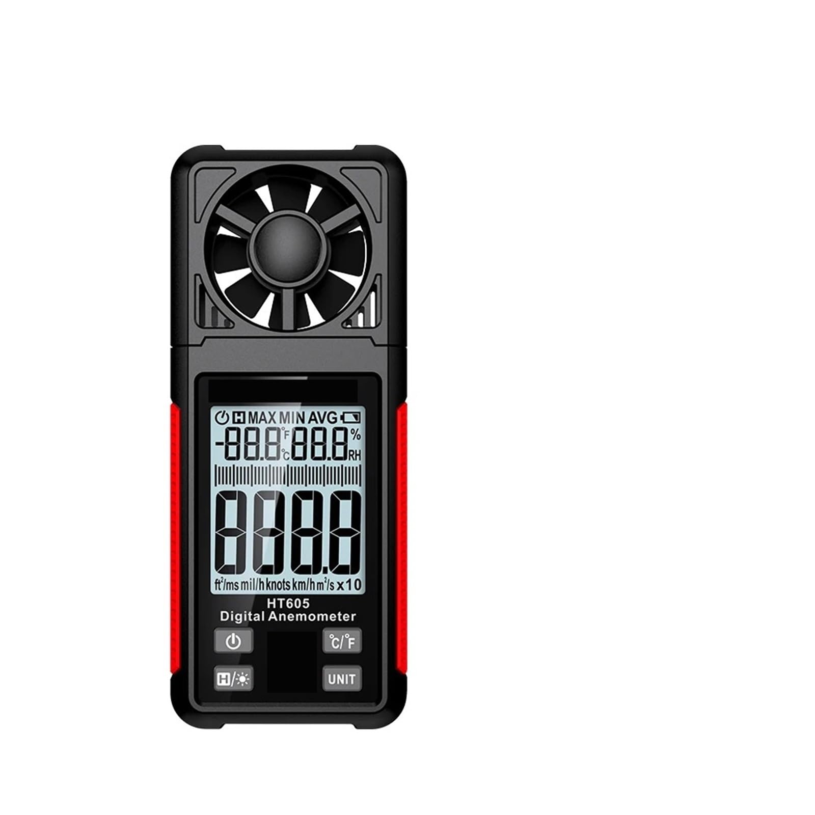 Anemómetro digital HT605, medidor portátil de velocidad del viento, medidor de velocidad del aire, anemómetro con pantalla LCD retroiluminada y medidor de temperatura y humedad.