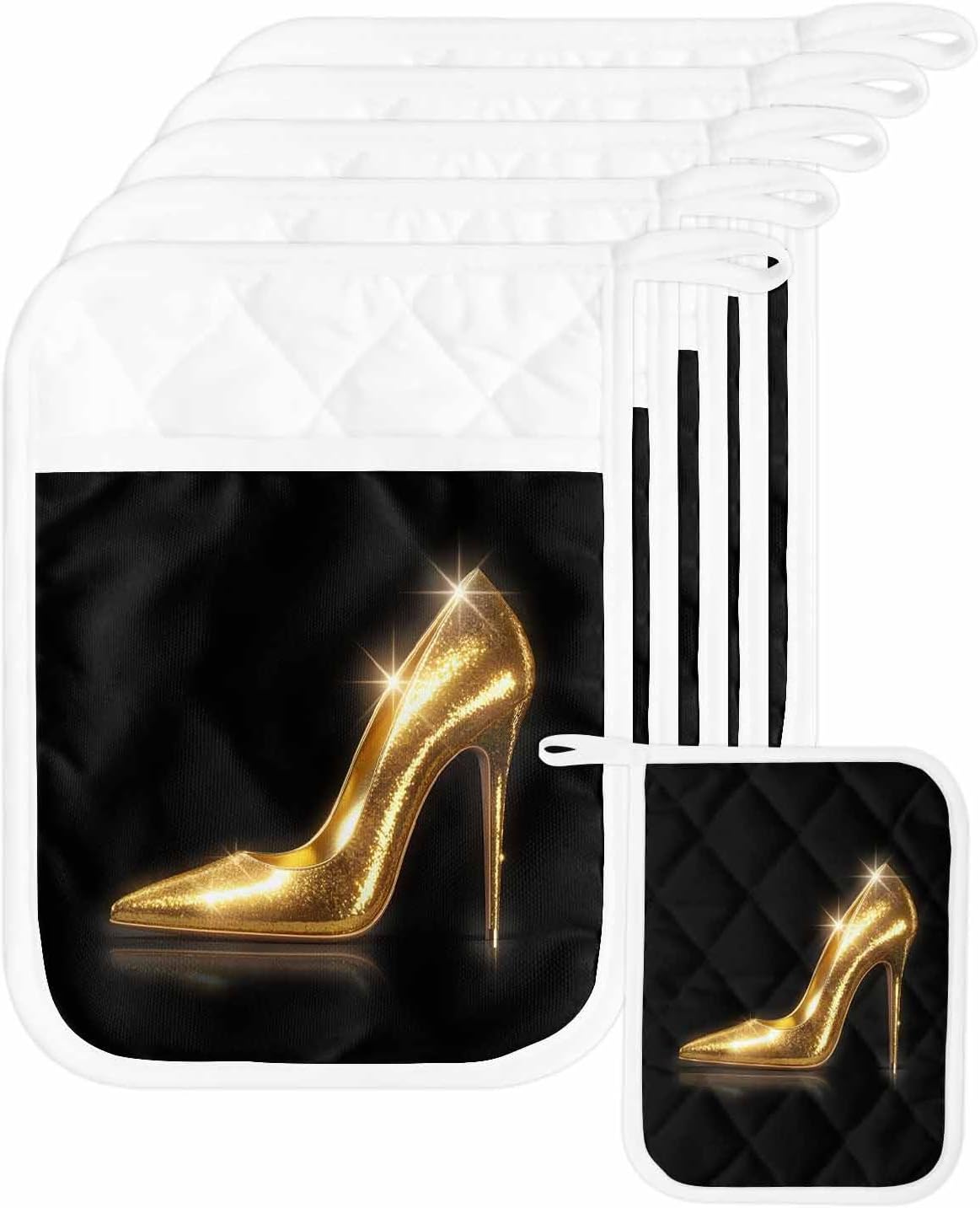 5 Pack Pot Holder with Pocket, Golden Glowing High Heels Kitchen Potholders Heat Proof Non Slip Pot Holders Sets, Women Black Back Hot Pads Potholder for Cooking Baking BBQ