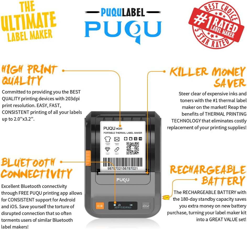PUQU Label Printer | Portable Bluetooth Thermal Label Maker Q20 with Rechargeable Battery, Apply to Labeling, Shipping, Office, Cable, Retail, Barcode and More, Compatible for Android & iOS System : Everything Else