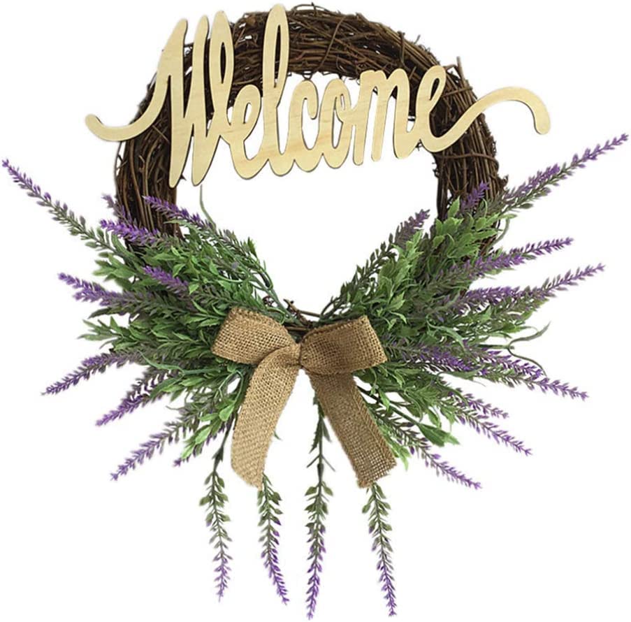 Door Front Hanging Wreath Welcome Lavender Flower Wreath Natural Rattan Wreath Floral Garland for Front Door Wall Hanging Decoration