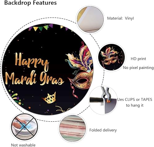 Miniatura 5 de Telón de fondo de Mardi Gras de 7 x 5 pies para fiesta de máscaras, baile de graduación, decoración de fiesta de cumpleaños, suministros de fondo