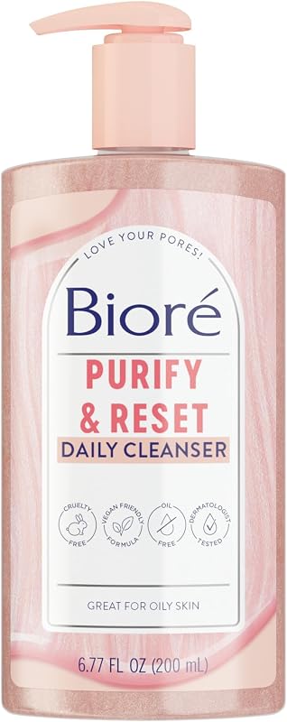 Biore Rose Quartz + Charcoal Daily Purifying Cleanser, Oil Free, 6.77 Oz | Dermatologist Tested, Cruelty Free, Removes Impurities, Energizes Complexion, Fresh Clean Feel