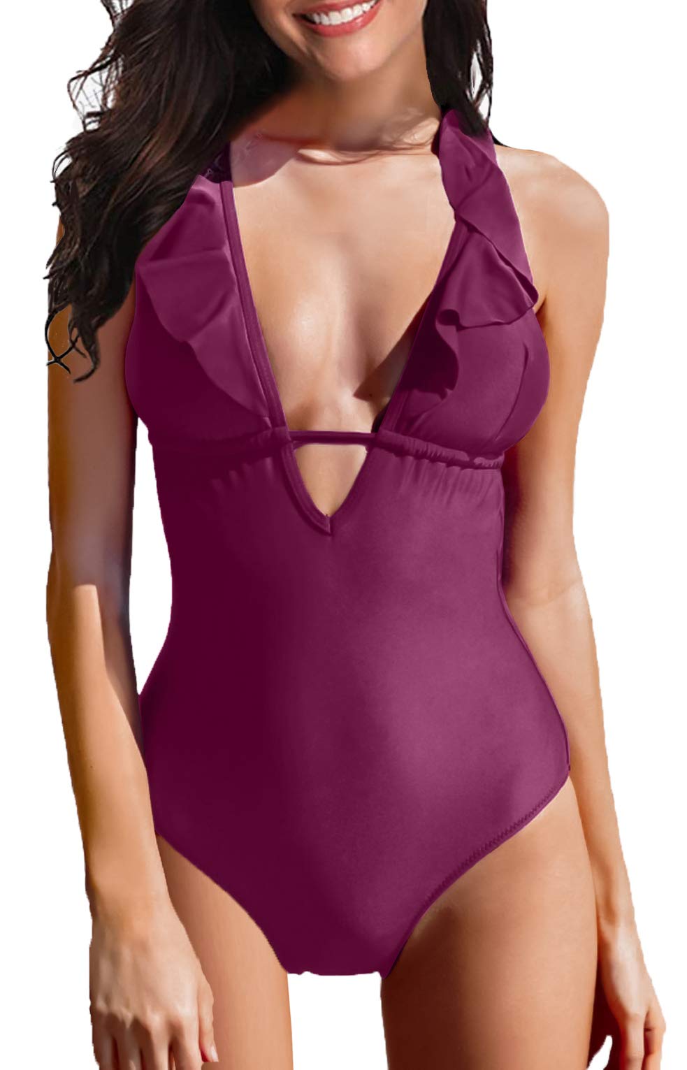SHELY Women's One Piece Swimsuits Deep V-Neck Ruffled Back Crossover Monokini Swimwear Sexy Backless Bathing Suit