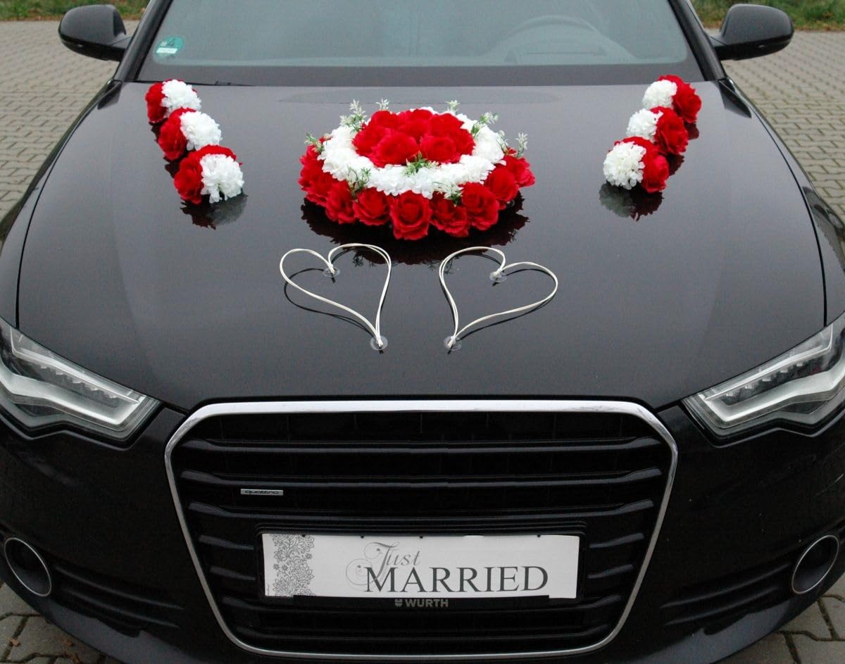 DEKORATIVER SCHMUCK Braut Paar Rose Deko Dekoration Autoschmuck Hochzeit Car Auto Wedding Deko Girlande PKW ®Auto-schmuck (Rot)