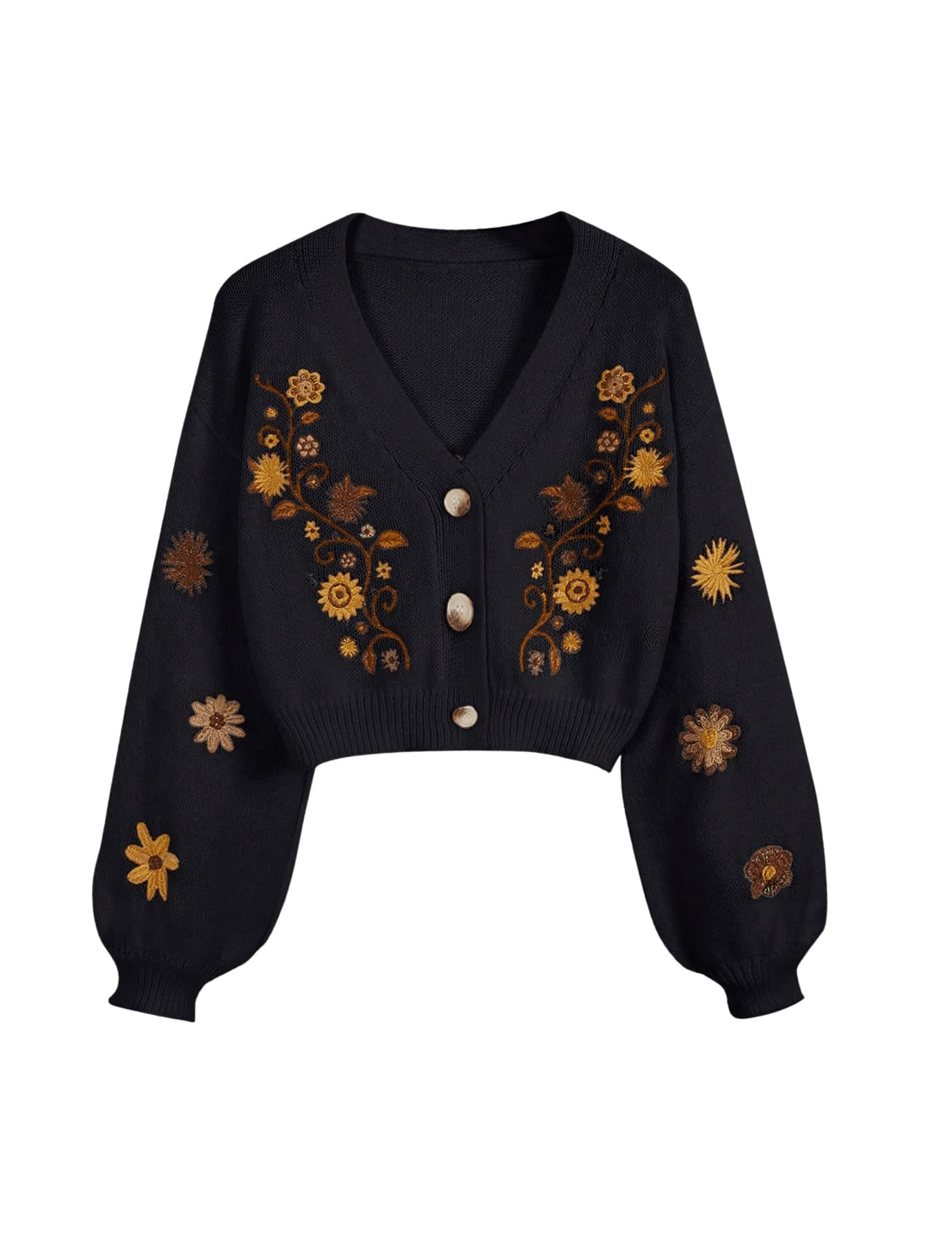 GORGLITTER Women's V Neck Floral Embroidered Cardigan Sweaters Lantern Sleeve Button Down Cropped Cardigan