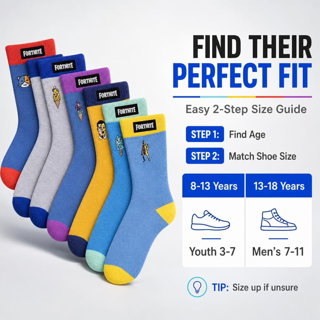 FORTNITE Fun: 6-Pack High Socks for Boys and Teens – Vibrant Gaming Designs, Comfortable Fit, Durable Materials