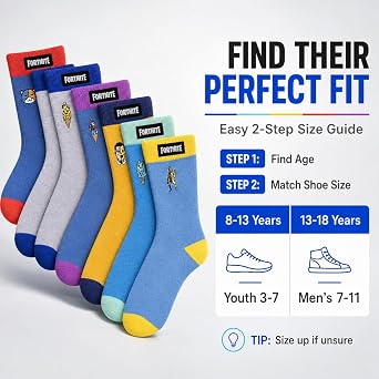 FORTNITE Fun: 6-Pack High Socks for Boys and Teens Vibrant Gaming Designs, Comfortable Fit, Durable Materials