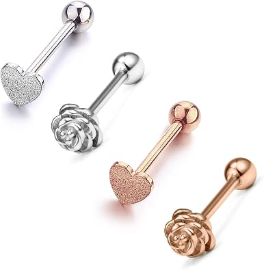 JFORYOU 14G Stainless Steel Tongue Rings Straight Barbells Heart Shape Rose Shape Tongue Piercing Jewelry
