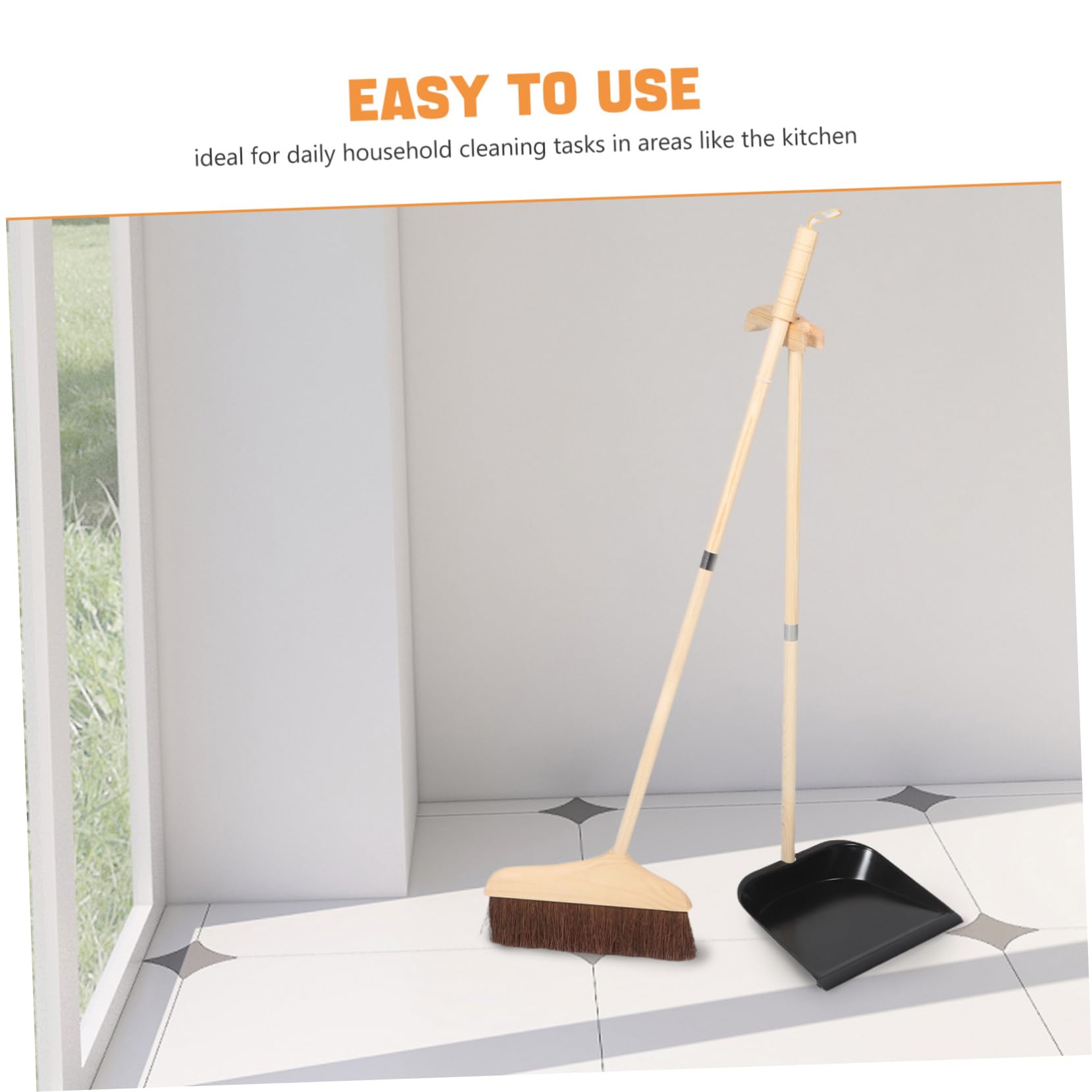 Juego de Escoba y Recogedor Mango Largo Desmontable de Madera | Cerdas Suaves, Limpieza de Pisos y Dormitorio, Atornillar y Quitar, Acabado Negro, Hierro