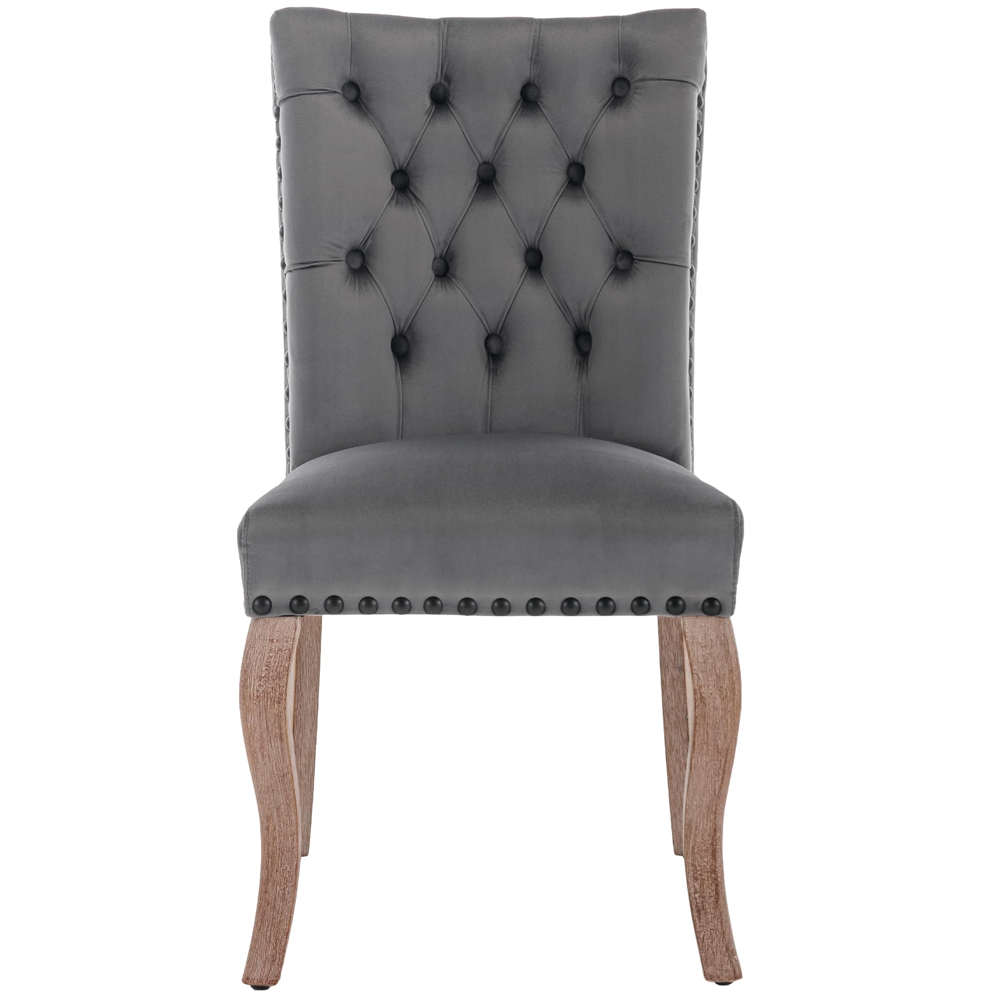 Silla de comedor (silla de cocina, silla de salón con aldaba única en la parte trasera), silla tapizada con cabeza de clavo, patas de madera maciza, funda de terciopelo, gris, 2 unidades