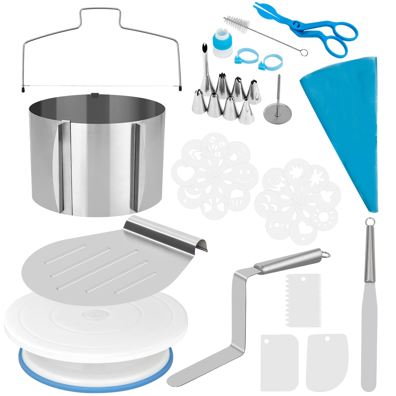 Fulasofia Torten Zubehör Set 40 Teile mit Tortenring Verstellbar Hoch 15cm, Tortensäge, Tortenheber, Tortenplatte Drehbar, Tortenschneider, Teigschaber, Spritztüllen Set, Tortenschablone