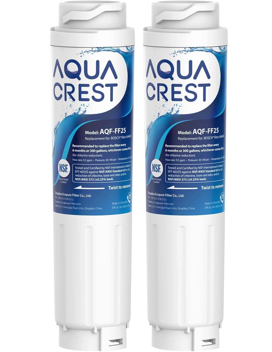 AQUACREST 644845 Filtros de Agua Para Frigorífico, Compatible para Bosch UltraClarity 644845, 00740560, 740560, 00499850, 00649379, 9000194412, 9000077104, MIELE/Haier 0060820860, 0060218743 (2）