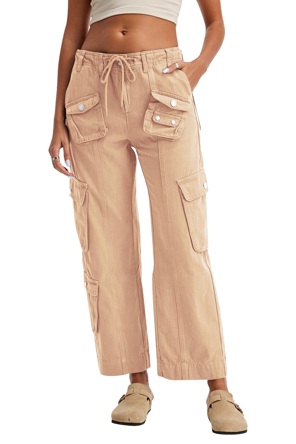 Cargo Pants for Women Low Rise Drawstring Waist 7 Pockets Hiking Work Wide Leg Pants with Zipper Button