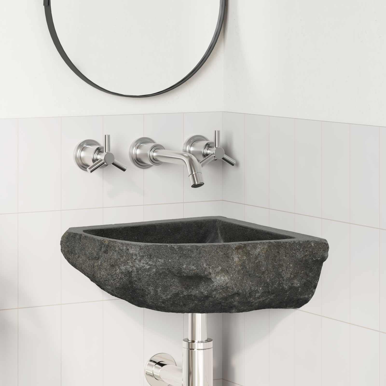 Lavabo grigio in pietra di fiume, 37 x 37 x 12 cm, da appendere alla parete, per bagno e WC degli ospiti, lavandino angolare per ristrutturazione e ristrutturazione del bagno