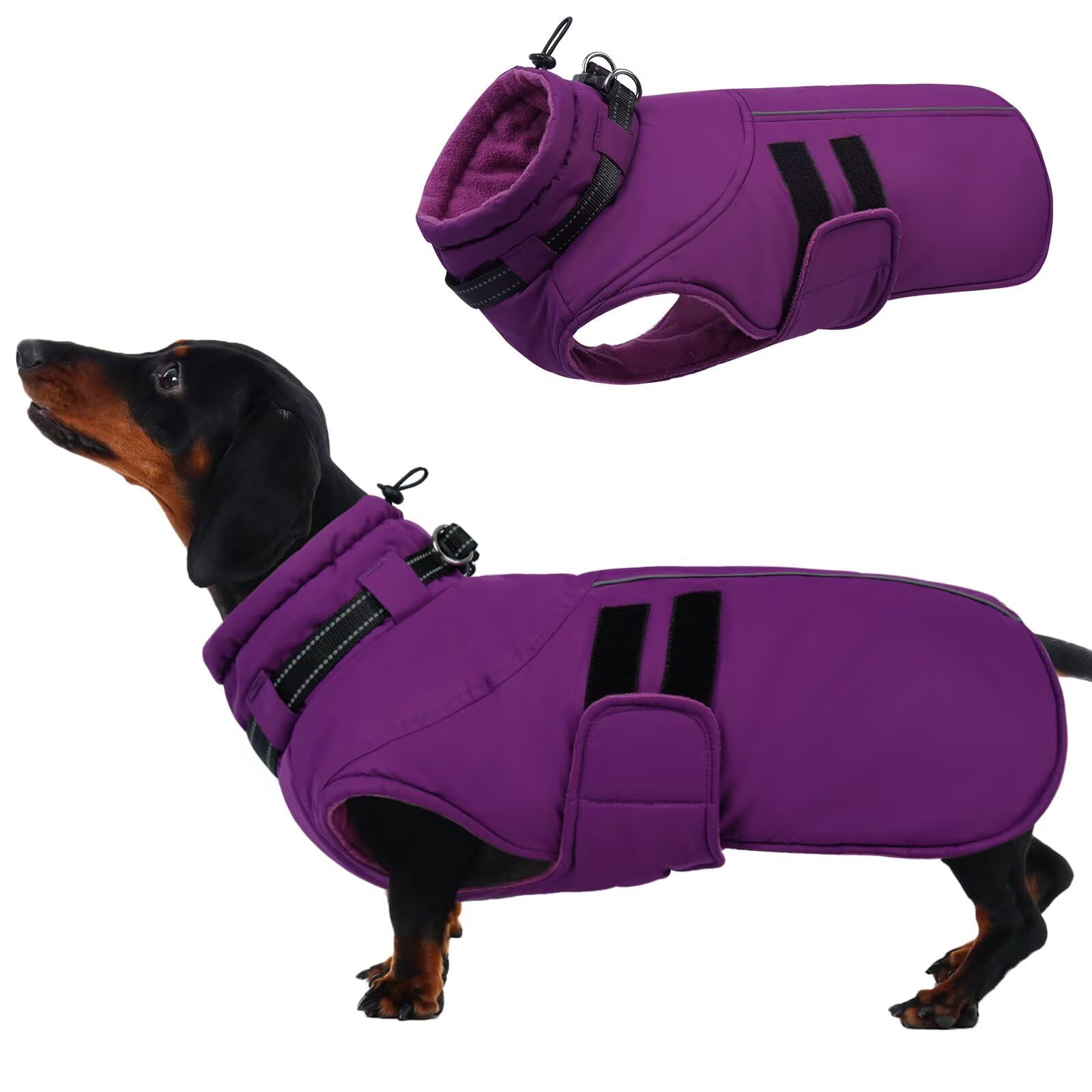 IECOii Dog Jackets for Medium Dogs,Waterproof Winter Coat with Harness,Reflective Adjustable Hook&Loop Warm Dog Snowsuit for Cold Weather,Fleece Turtleneck Winter Coat,Extra Warm Pet Coats,Purple,M