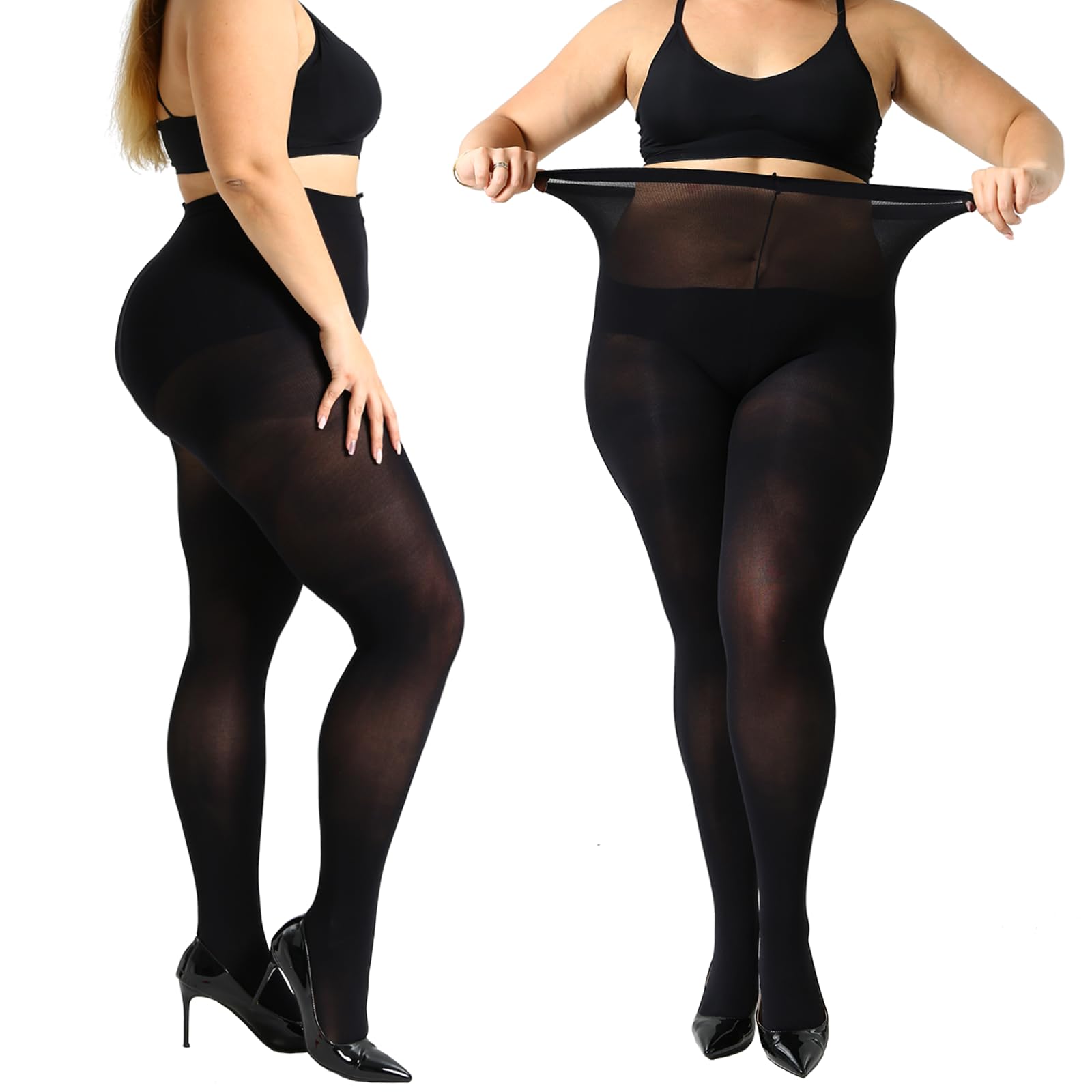 MANZI2 Pairs 70 Denier Women's Plus Size Tights Stretch Opaque Control Top Tights