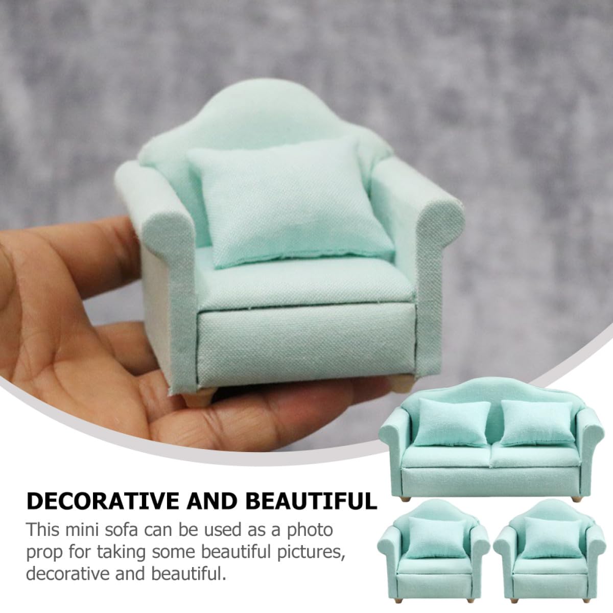 HOMSFOU Ensemble de Meubles Miniatures 1/12 pour Maison de Poupée Adorable Canapé Vert en Tissu et Bois Décoratif et Accessoires Photo pour Salon