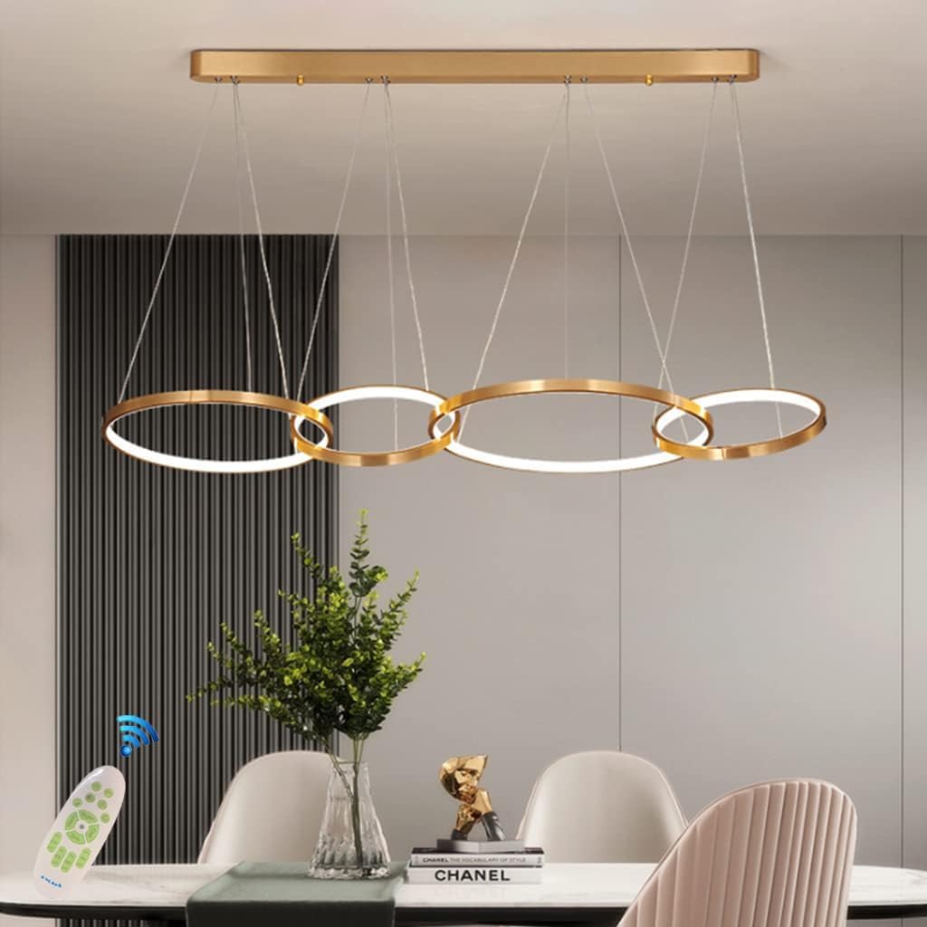 Lampada a sospensione Lampada a sospensione a LED Lampadario moderno per tavolo da pranzo Lampadario regolabile in altezza Lampada da soggiorno Dimmerabile con telecomando Anelli in alluminio Lampada