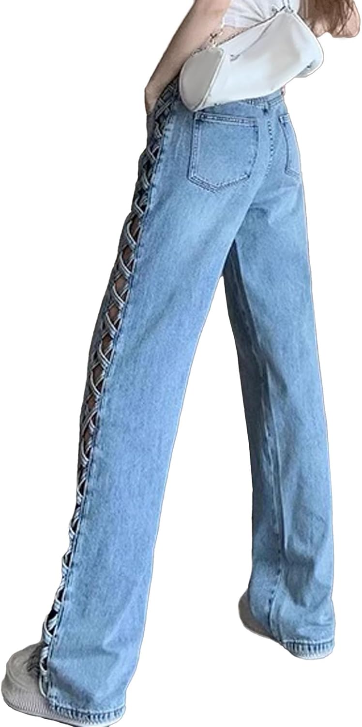 SEMATOMALA Women's Side Criss Cross Hollow Out Denim Pants High Waisted Straight Leg Y2K Jean Pants