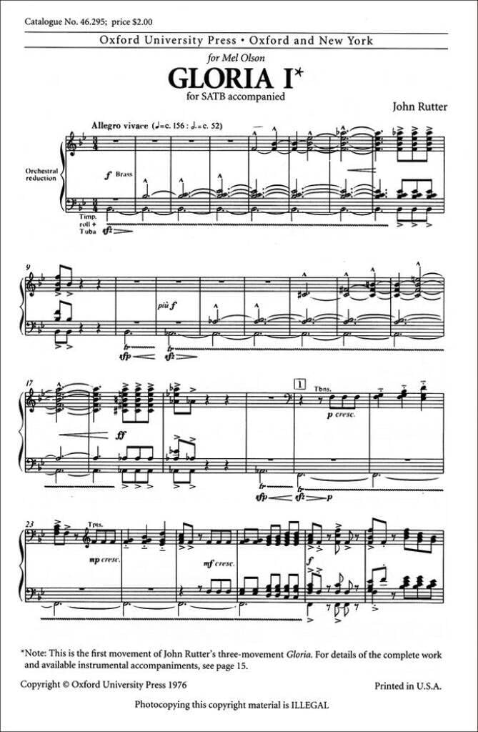 Gloria '1': Vocal score