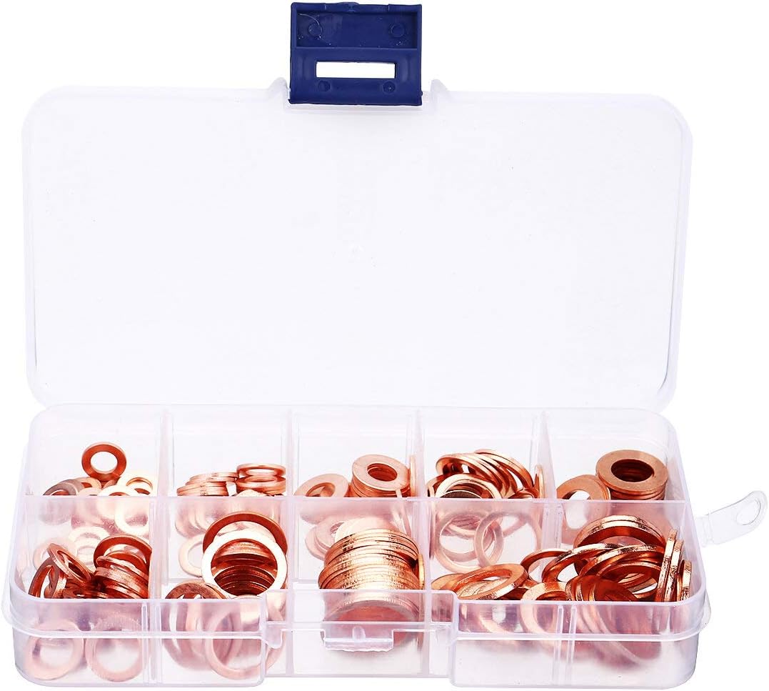 200Pcs Assorted Copper Washer Gasket Set Flat Ring Seal Assortment Hardware Kit