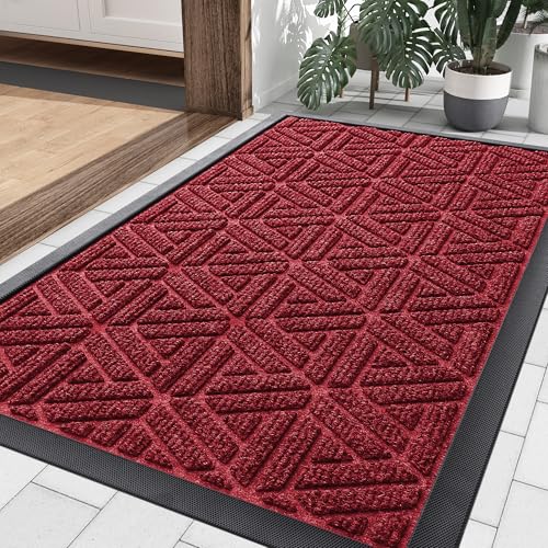Smiry Front Door Mat Outside Entrance, Heavy Duty Natural Rubber Doormat, Trap Dirt and Moisture Easy Clean Low Profile Patio Porch Welcome Floor Mats for Entry, 29.5x17 Inch, Wine Red