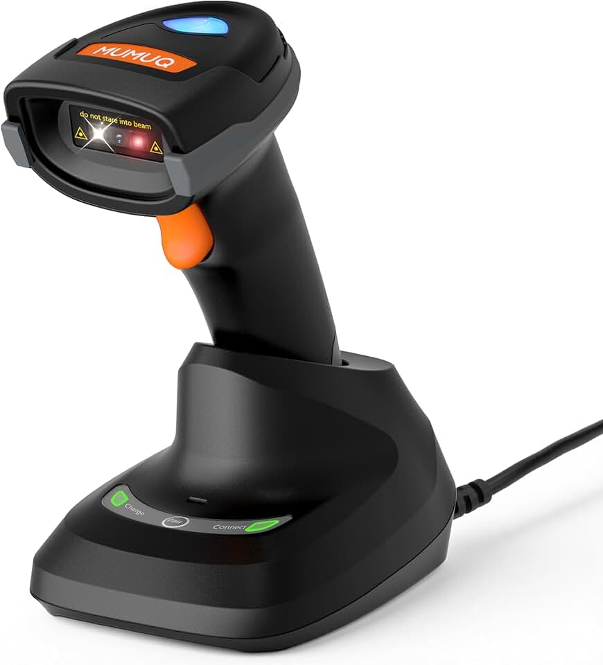 Scanner de código de barras sem fio, leitor de código de barras portátil 2D 1D Bluetooth para tablet, iPhone, iPad, Android, iOS, PC, POS com base de carregamento