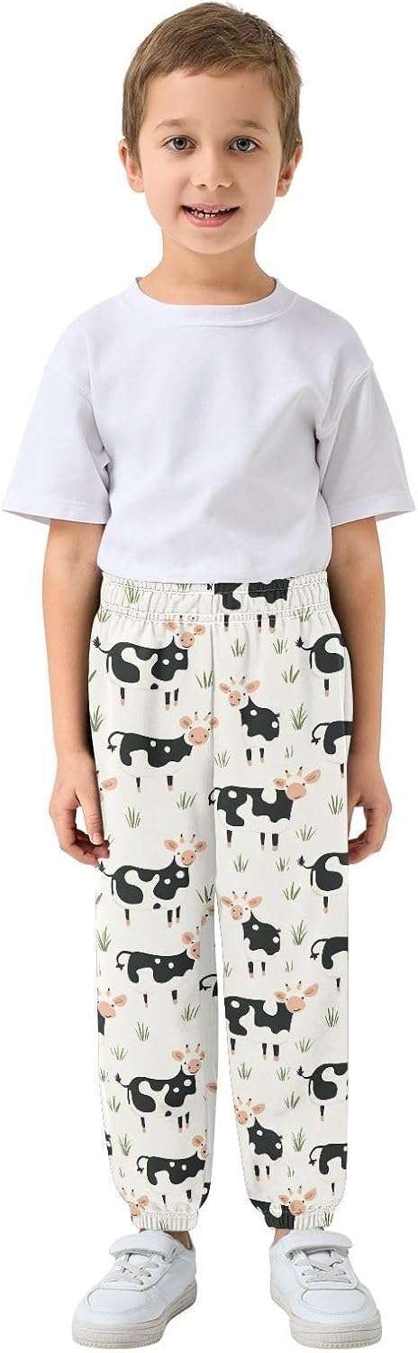 Boy Sweatpants Funny Black White Cow Joggers Casual Athletic Pants Kids Elastic Waist Cuffed with Pockets