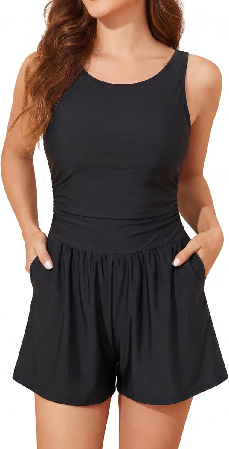 Smismivo Swim Romper with Shorts and Pocket High Neck Tummy Control One Piece Swimsuit Women Modest Bathing Suit
