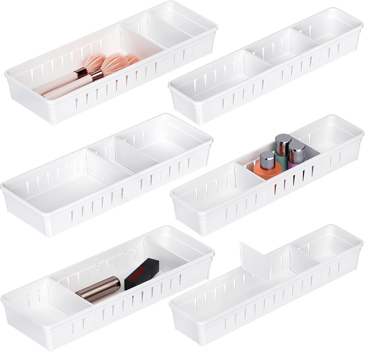 6 PCS Desk Drawer Organizer, Bathroom Drawer Organizer Trays | 12 pcs Dividers Adjustable, 24 Non-Slip Feet, Makeup Organizer Bins for Vanity Clothes Junk Kitchen Utensil, Plastic, White