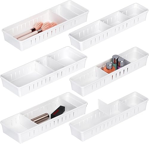 Miniatura 10 de Bandeja organizadora de cajones de escritorio, paquete de 4 organizadores de cajones expandibles con divisores ajustables, cubos organizadores