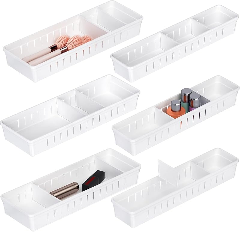 6 PCS Desk Drawer Organizer, Bathroom Drawer Organizer Trays | 12 pcs Dividers Adjustable, 24 Non-Slip Feet, Makeup Organizer Bins for Vanity Clothes Junk Kitchen Utensil, Plastic, White
