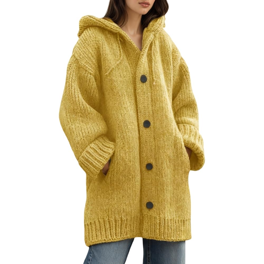 TIAFORD Womens Oversized Casual Chunky Knit Hooded Cardigans with Pockets Fall Winter Warm Button Down Sweater Coats
