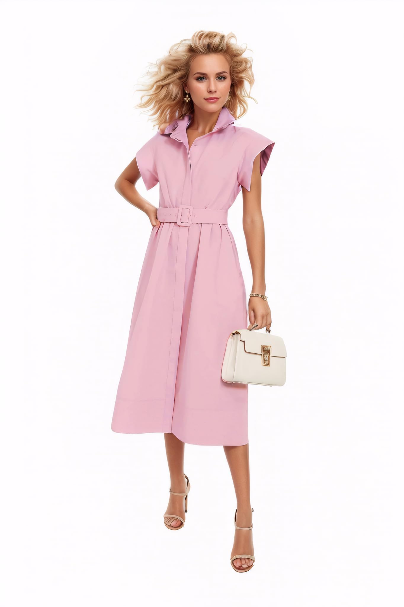 Womens 2025 Summer Short Sleeves Midi Dress Casual Button Down Long Dress with Belt