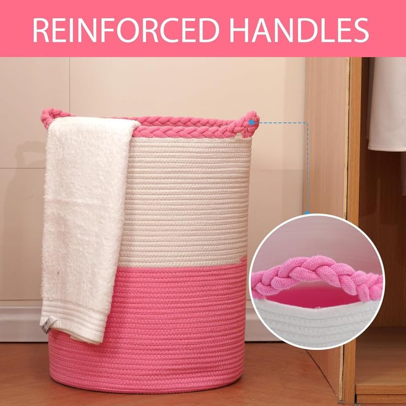 Image of Storage Rope Laundry Hamper Basket for Clothes, Towels and Blankets in Livingroom, Bedroom, Laundry Room and Basket for Nursery Storage (Size - 14 inch x 14 inch x 18 inch) (Pink White Zig Zag)