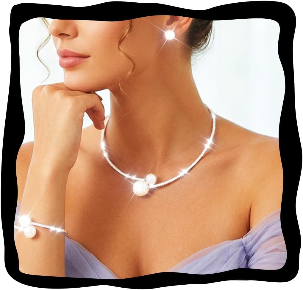 Nicute Pearl Bridal Wedding Jewelry Set Silver Rhinestone Necklace Bracelet Set Prom Necklaces Jewelry Accessories for Women