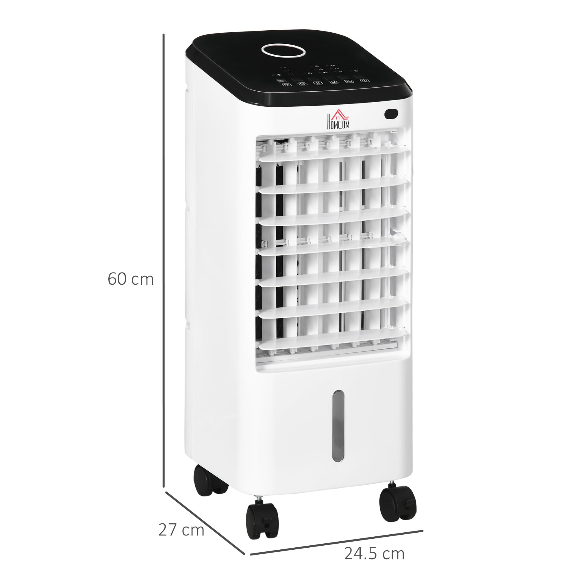 HOMCOM Condizionatore Portatile 3 in 1, Ventilatore, Umidificatore con Ghiaccio e Deumidificatore, 3 Velocità, 3 Modalità e Telecomando, Timer 12 Ore, 65W in ABS, 24.5x27x60 cm, Bianco