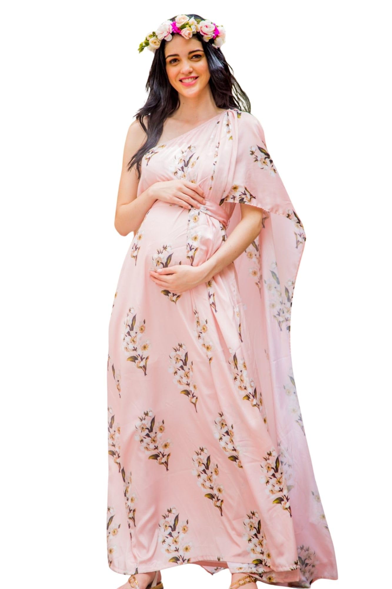 momzjoy Luxe Carnation Pink One Shoulder Floral Maternity Gown-picture-11