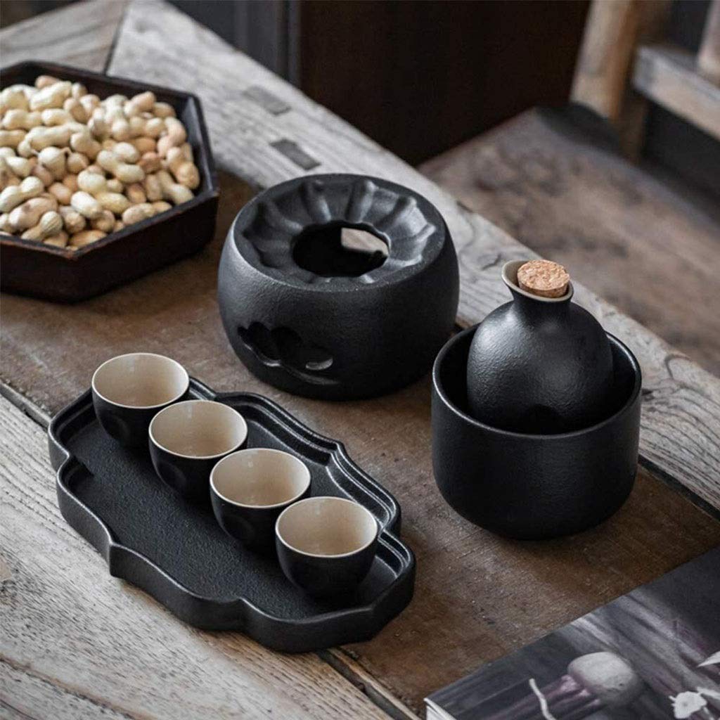 Ensemble de 8 Tasses à saké Traditionnelles en céramique émaillée Noire, Verre à vin Artisanal (avec Four à Bougie et Isolation) Meilleur Cadeau pour Le Service de saké Chaud/Froid