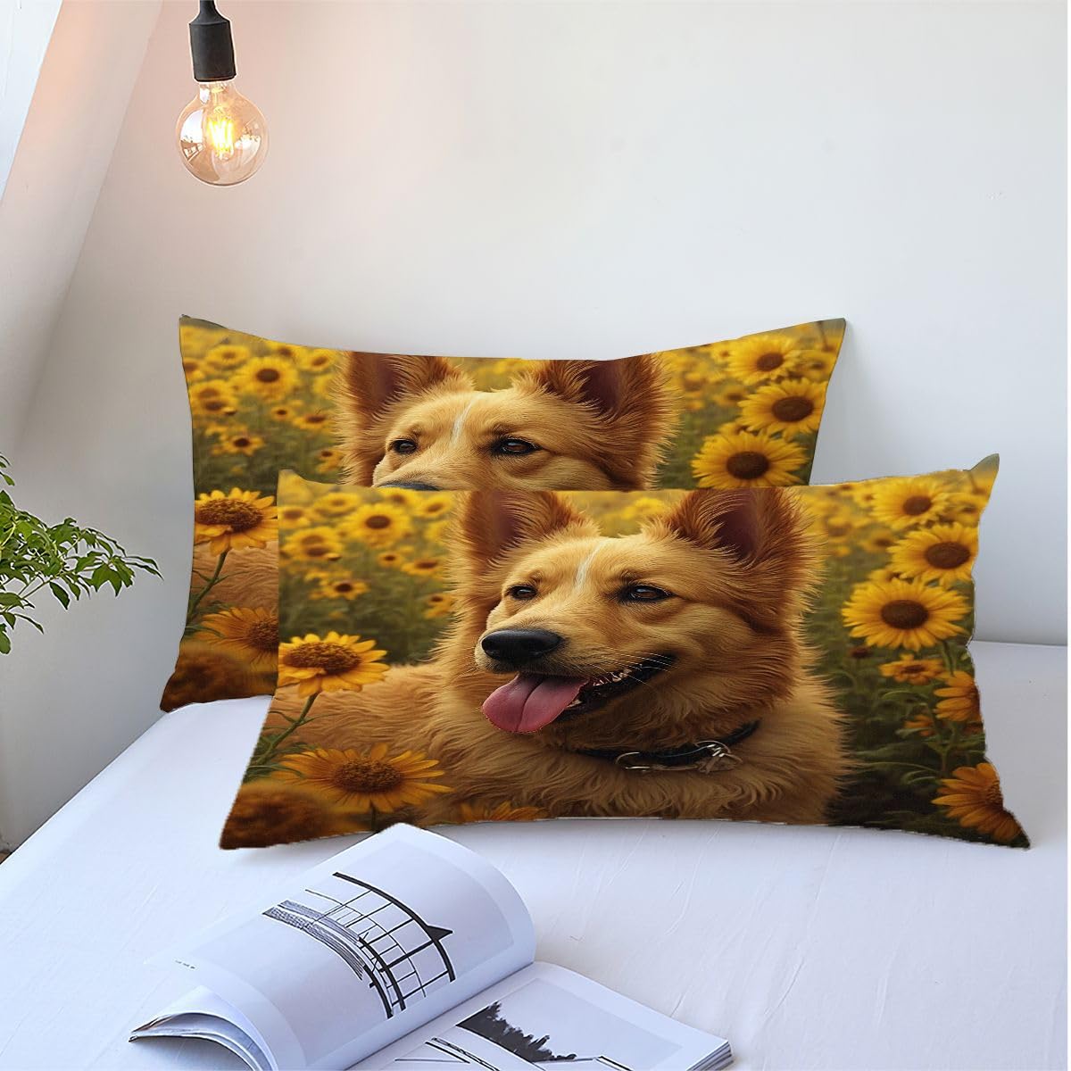 3-częściowy komplet pościeli 155 x 220 cm, dla nastolatków, z mikrofibry, z zamkiem błyskawicznym, 2 poszewki na poduszkę 80 x 80 cm, żółty pies