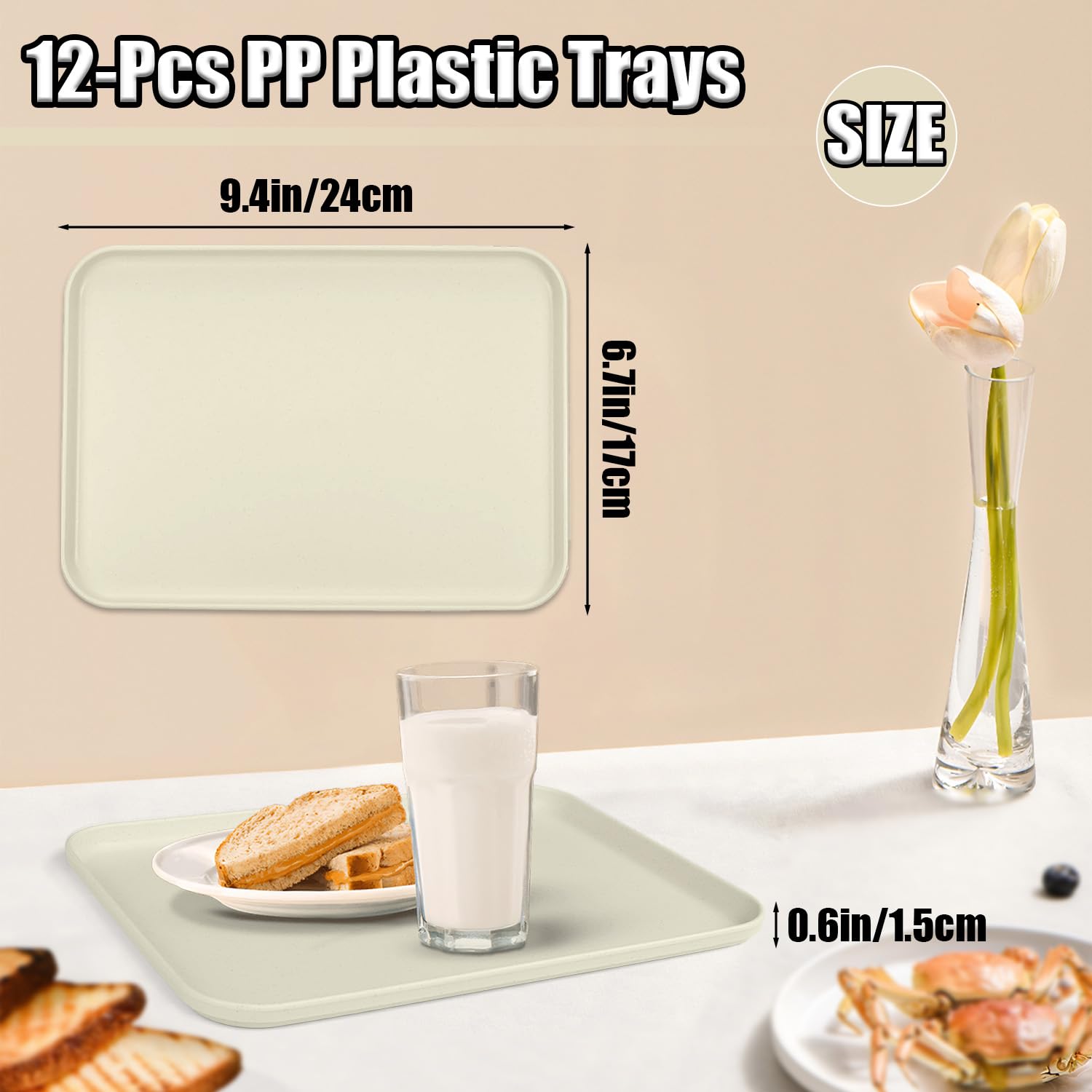 Bandejas de plástico para servir, paquete de 12 bandejas de cafetería de plástico para proyectos de bricolaje, pintura, cuentas, organización de suministros, 9.4 x 6.7 x 1.5 pulgadas (beige claro)