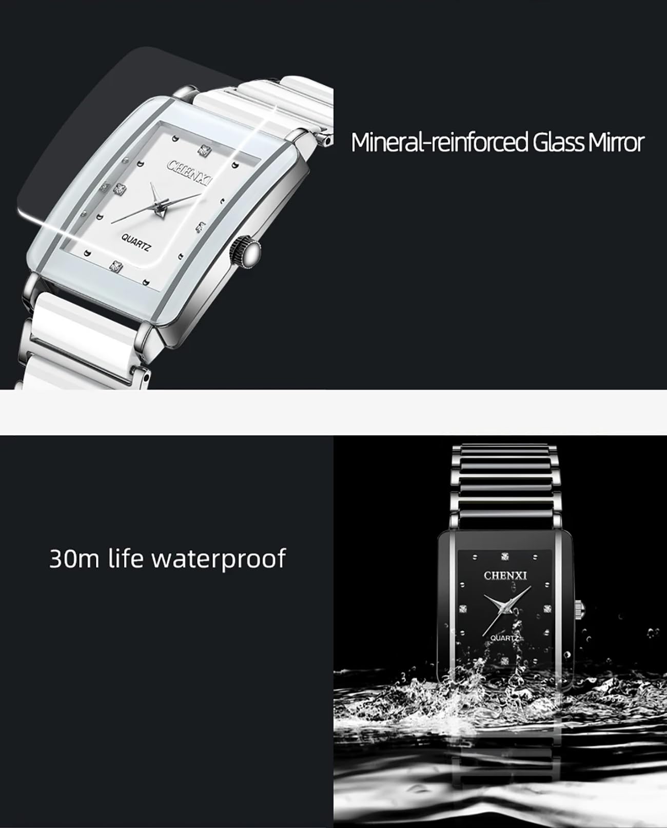 Gosasa Relojes vintage para parejas para hombres y mujeres, reloj de cuarzo cuadrado de cerámica para él y para ella, par de relojes de diamantes impermeables
