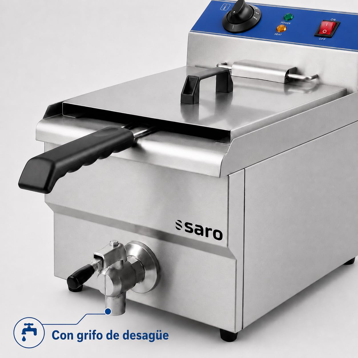 SARO FT 13 Freidora de acero inoxidable, 13 l, con grifo de drenaje, recipiente redondeado con zona fría, ajuste continuo de temperatura, dispositivo térmico extraíble, 0-180 °C, 3,3 kW