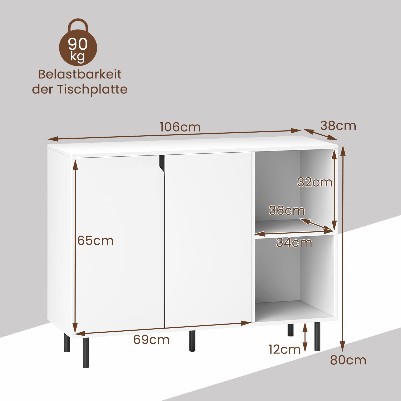 Credenza moderna bianca a 2 ante, ripiani regolabili, elegante armadio da cucina per soggiorno e sala da pranzo, 106 x 38 x 80 cm, mobili contemporanei