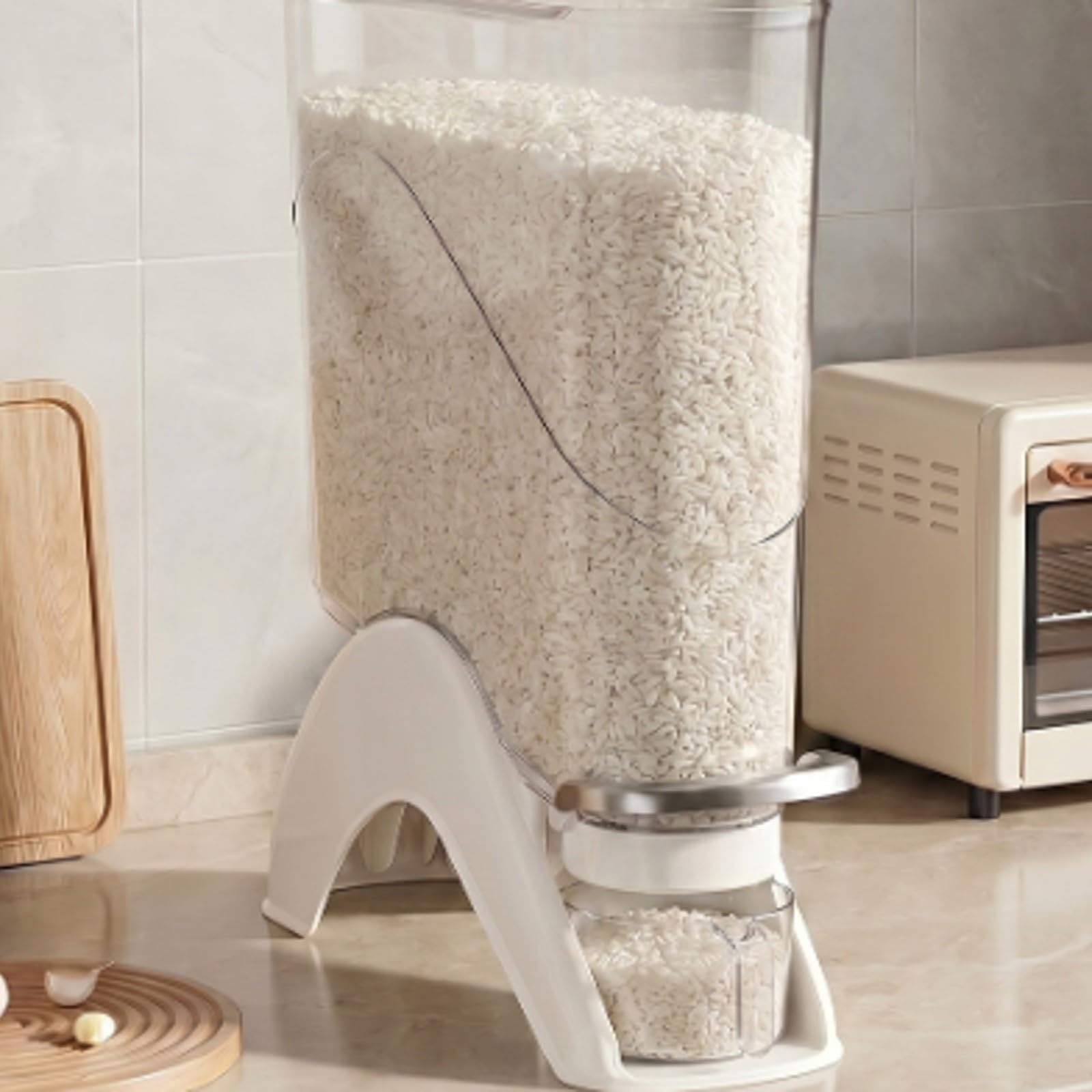 Rutschfest Behälter | Einfache Portionierung per Knopfdruck, spender mit Messbecher, BPAbox mit Deckel, für Küche, Speisekammer, Weiß