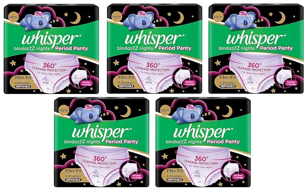 Whisper Bindazzz Nights Period Panty 6+6+6+6+6 units (pack of 5) Ultimate Protection & Comfort, Locks Odour & wetness, Cotton like soft top layer, Disposable Wrapper (B0DDPVTGGV) Amazon Price History, Amazon Price Tracker