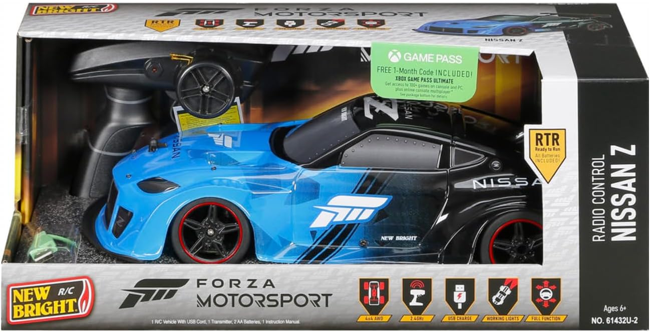 New Bright 1:14 RC Nissan Z Forza Motorsport Car with USB Rechargeable Battery, 4-Wheel Drive, Working Lights, 2.4GHz Remote, Ages 6+, Racing Fun & Precision Control