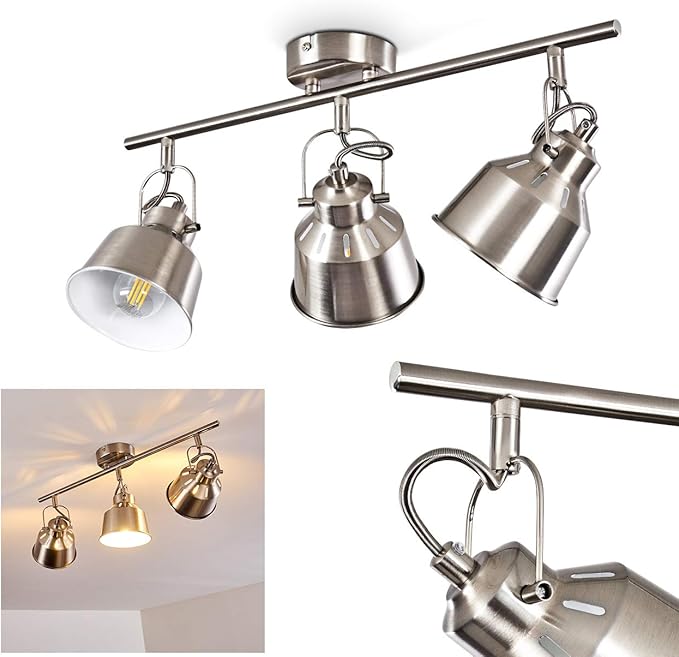 hofstein Plafondlamp Safari, metalen plafondlamp in geborsteld staal/wit, 3 lampen, met verstelbare spots en lichteffect, 3 x E14 fitting, retro/vintage design spot, gloeilampen niet inbegrepen