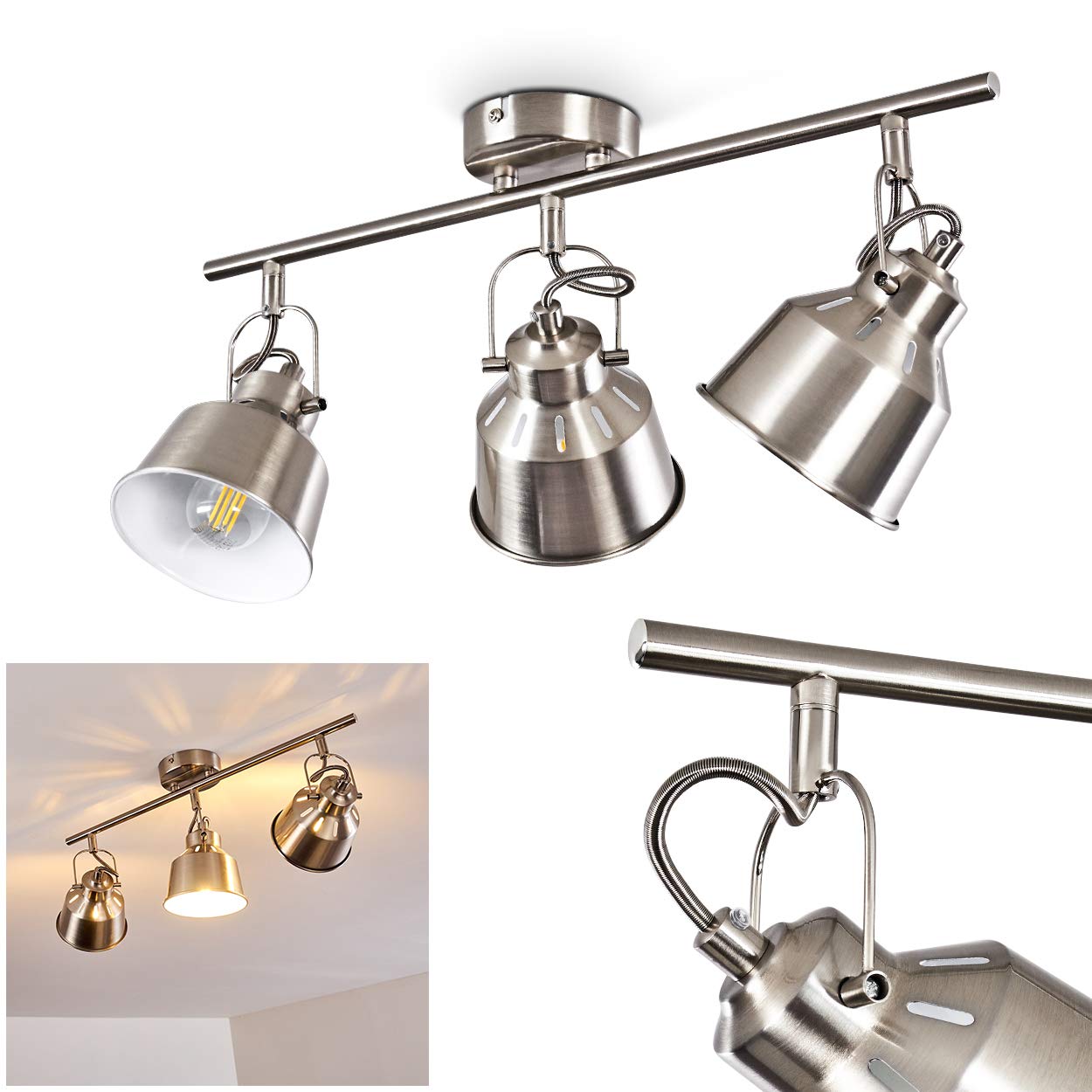 Hofstein Chrome Brushed Ceiling Light Safari, Metal Ceiling Lamp In Brushed Steel/White, 3-Flame, With Adjustable Spotlights And Light Effect, 3 X E14 Socket, Retro/Vintage Design Spotlight, Bulbs Not Included